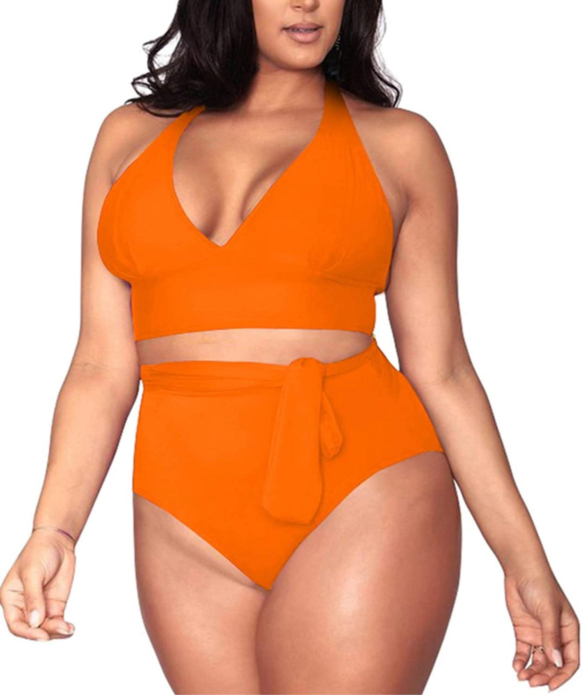 Bright Orange Women's High Waisted Tummy Control Swimsuit Full Coverag